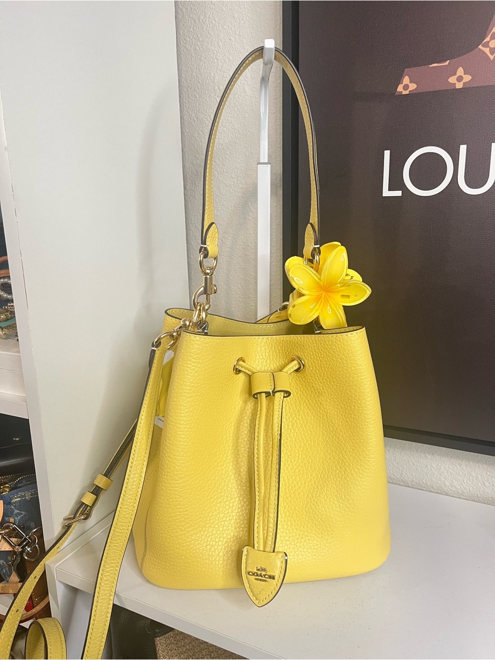 Coach Yellow Pebbled Leather Drawstring Bucket Bag with Banana 🍌 charm